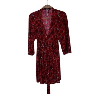 Rene’ Rofe Elegant Red Floral Women Robe Large Open Front Waist Tie Knee Length